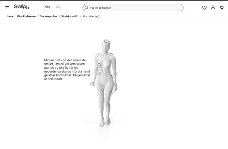 Sellpy prototype frame showing a measurement guide for finding the right clothing size